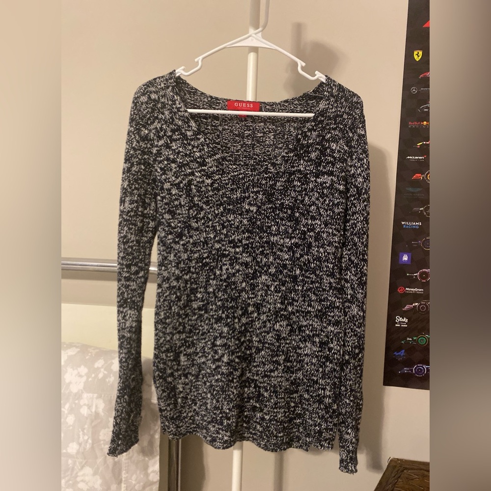 Guess Black and White V-Neck Knit Sweater